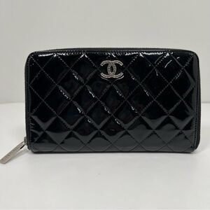 Chanel Quilted Black Patent Leather Zip Around Wallet